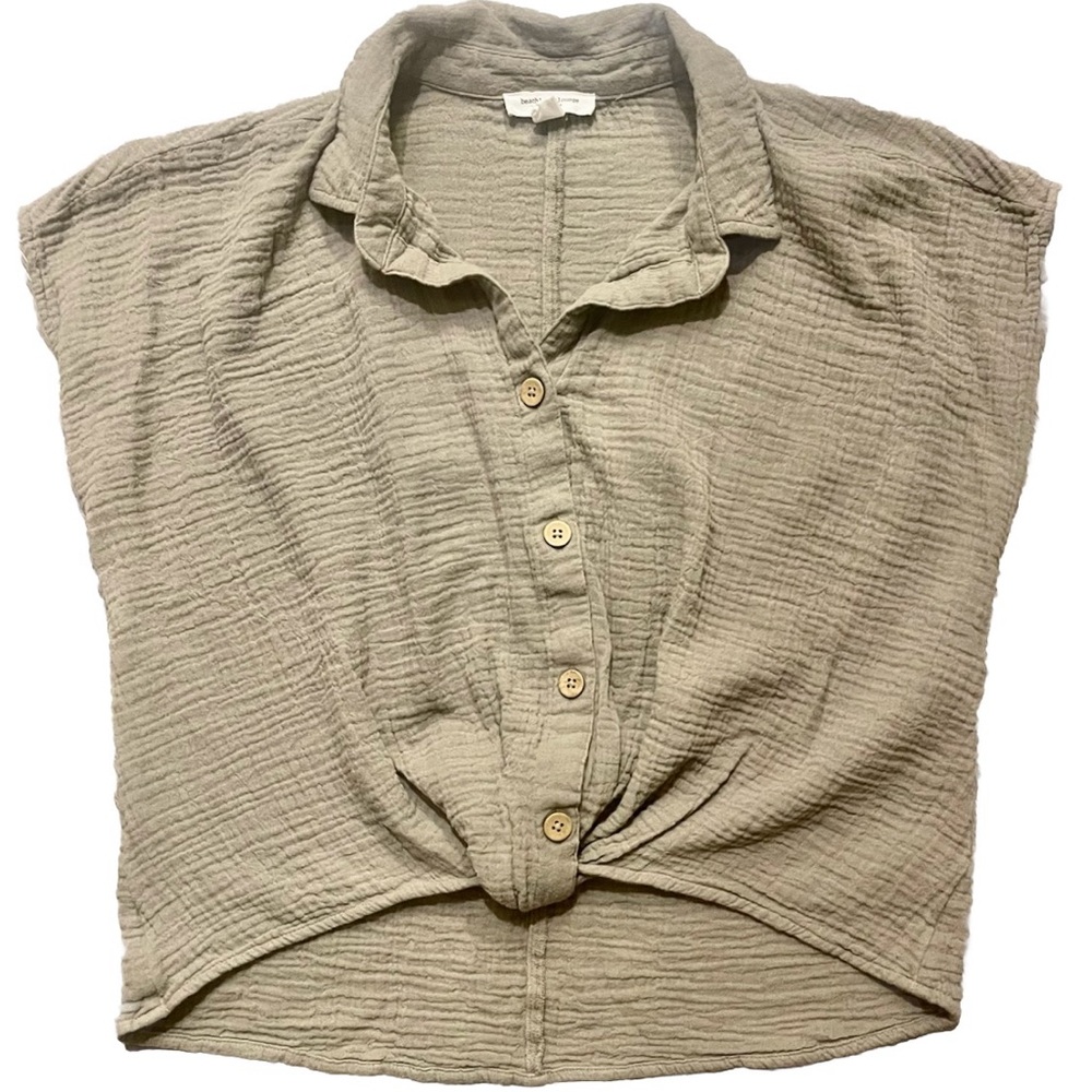 Beach Lunch Lounge Women's Olive Button Front Top Tie Front Blouse S